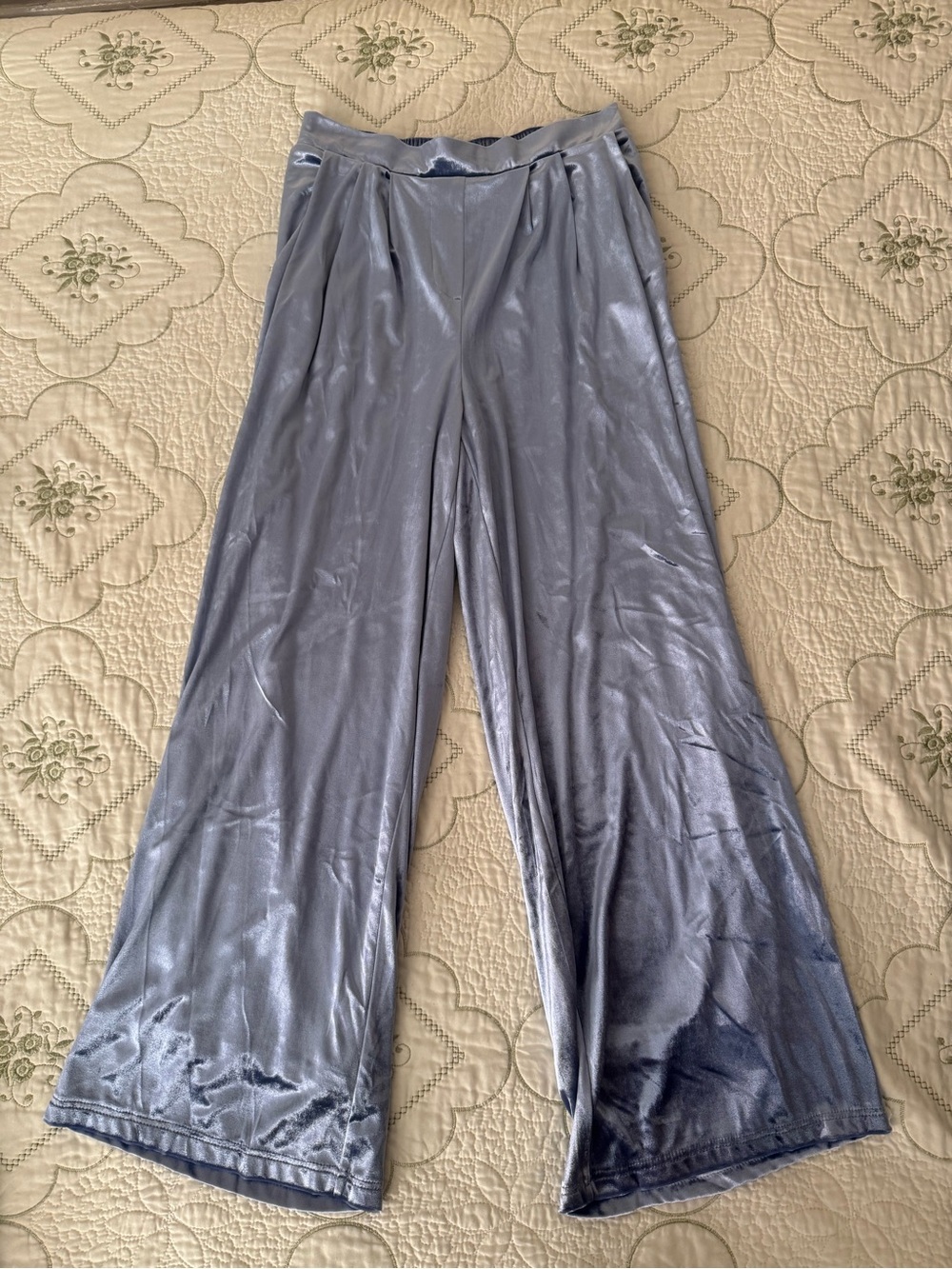 Christian Lacroix Shiny Wide-Leg Velvet Pants in Light Blue